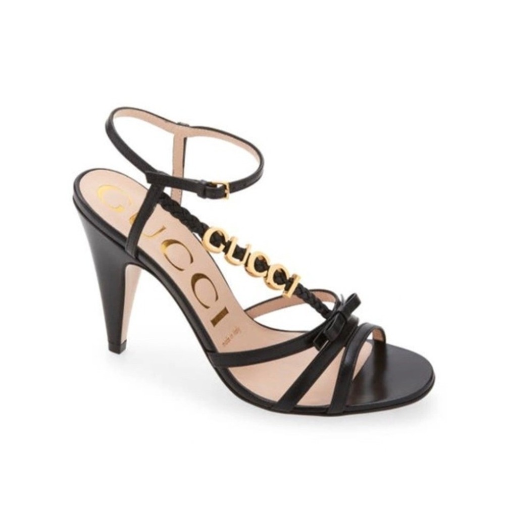 Gucci April Logo Ankle Strap Sandal Heel Nero Black Leather‎ 38